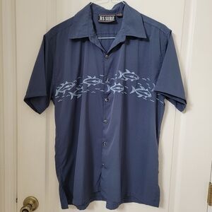 RS SURF, Size L Embroidered Fish Design Short Sleeve Button Down Blue Shirt